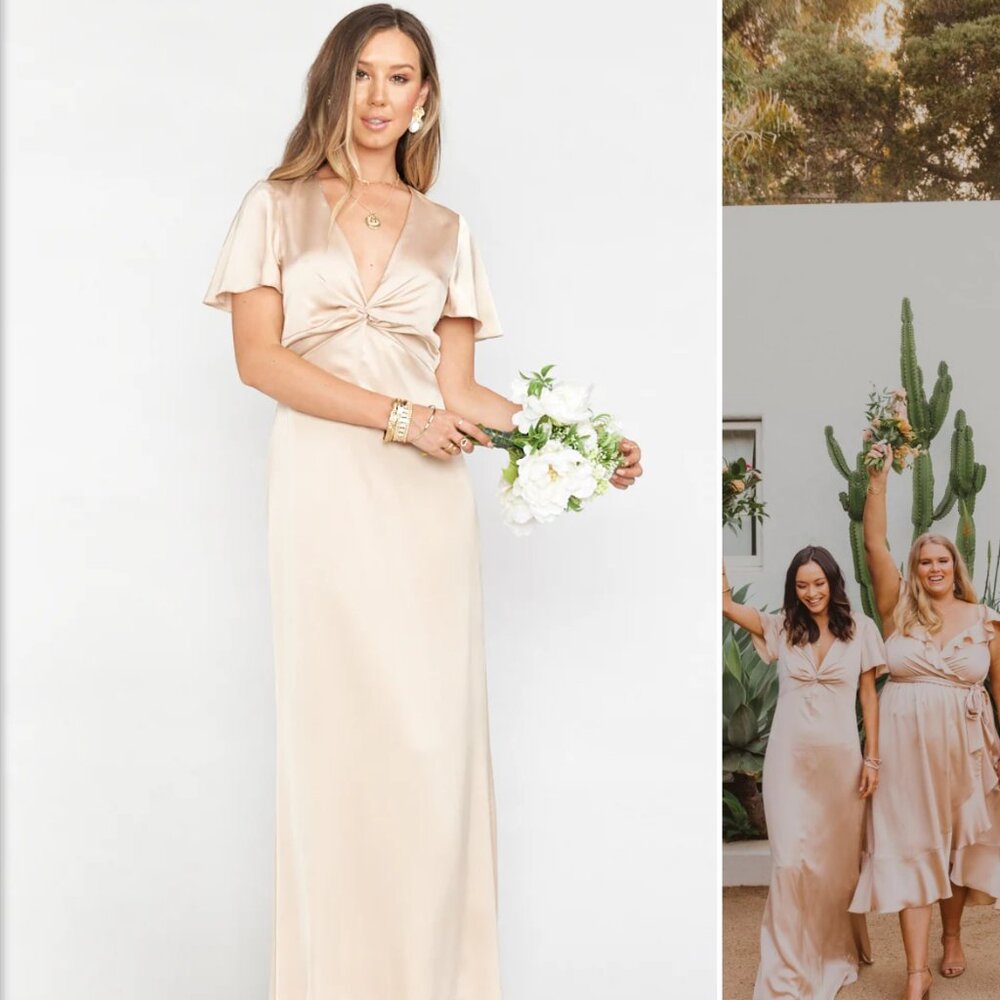 Show me your Mumu Rome Twist Gown in the colour Champagne Luxe Satin